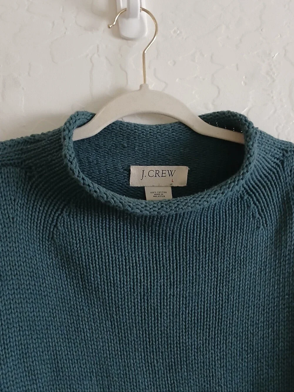 VINTAGE J CREW 1988 Rollneck 100% Cotton Sweater L Teal Thick Ribbed Preppy